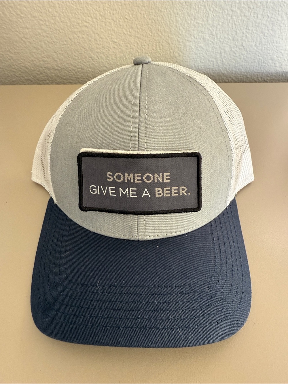 Gray & Navy Trucker Hat with 'Never Drinking Again' Patch